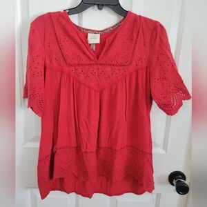 Knox Rose Women Top Med Red Boho Eyelet Embroidered Scallop Trim Ladder Stitch